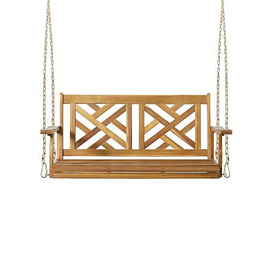 Annah Porch Swing Bench w Chains, Herringbone Teak Brown Acacia Wood