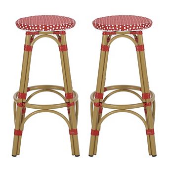 Outdoor Barstool Set of 2, Red and White Wicker Seat, Brown Aluminum