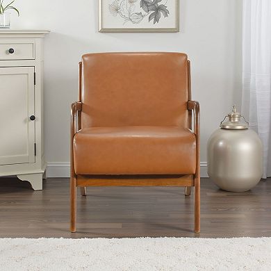 Howard Accent Club Chair, Matte Brown Faux Leather, Solid Rubberwood