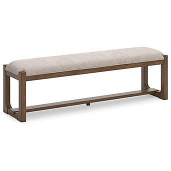 Cabal Large Dining Bench, Padded Beige Polyester, Brown Wood, 64 Inch