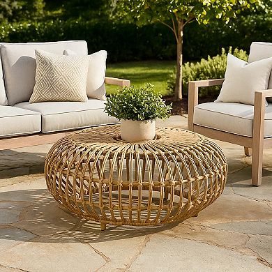 Tawa Outdoor Coffee Table, Light Brown Open Faux Rattan, 30 Inch