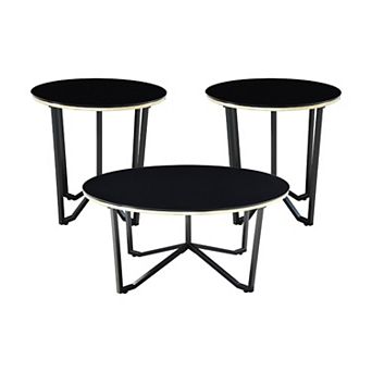 Amyra 3 pc Occasional Coffee and End Table Set, Black Glass, Gold