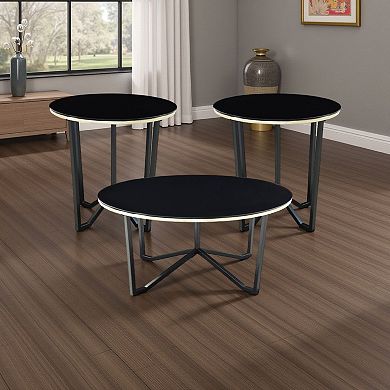 Amyra 3pc Occasional Coffee and End Table Set, Black Glass, Gold
