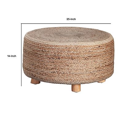 Accent Stool, 25 Inch, Round Natural Brown Jute Seat, Wood Legs