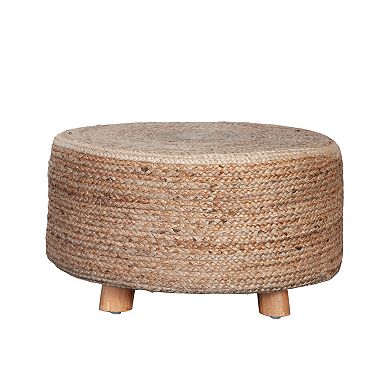 Accent Stool, 25 Inch, Round Natural Brown Jute Seat, Wood Legs