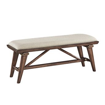 Manny Bench with Brown Angled Legs, Cream Textured Polyester, 47 Inch