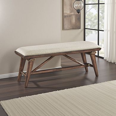 Manny Bench with Brown Angled Legs, Cream Textured Polyester, 47 Inch