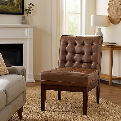 Armless Accent Chair, Tufted Dark Brown Faux Leather, Rubberwood Frame