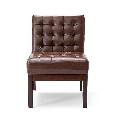 Armless Accent Chair, Tufted Dark Brown Faux Leather, Rubberwood Frame