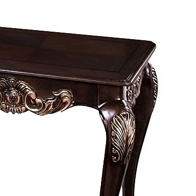 Astor End Table, 29 Inch Dark Cherry Brown Wood, Carved Details