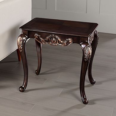 Astor End Table, 29 Inch Dark Cherry Brown Wood, Carved Details