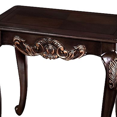 Astor End Table, 29 Inch Dark Cherry Brown Wood, Carved Details