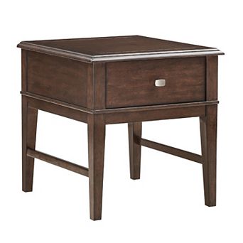 Merry End Table with USB Ports and Drawer, Brown Birch Wood 26 Inch