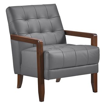 Lenie Accent Armchair, Button Tufted Dark Gray Leather, Brown Wood