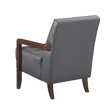 Lenie Accent Armchair, Button Tufted Dark Gray Leather, Brown Wood