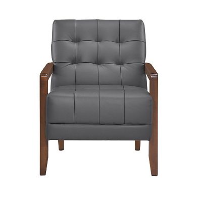Lenie Accent Armchair, Button Tufted Dark Gray Leather, Brown Wood