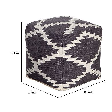 Poby Accent Pouf, 19 Inch Square Body, White and Gray Zig Zag Pattern