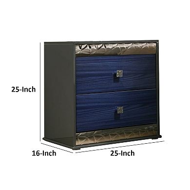 Zara Nightstand w 2 Drawers, Crystal Knobs, Ash Gray, Indigo Blue Wood