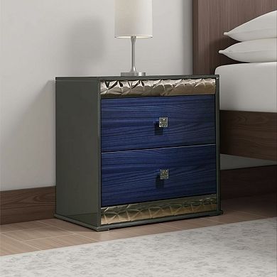 Zara Nightstand w 2 Drawers, Crystal Knobs, Ash Gray, Indigo Blue Wood
