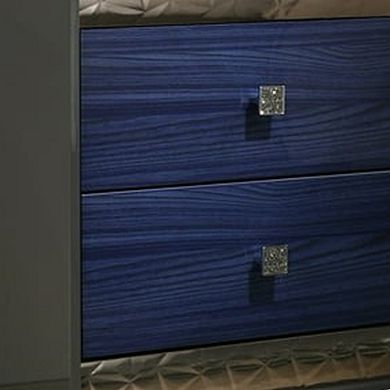 Zara Nightstand w 2 Drawers, Crystal Knobs, Ash Gray, Indigo Blue Wood