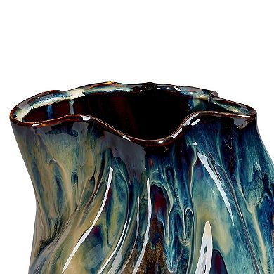 Fera Decorative Flower Vase, Ruffled Edge, 12 Inch Shiny Blue Ceramic