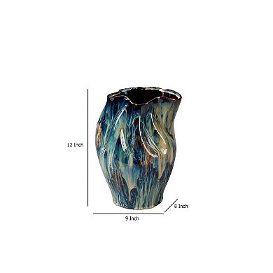 Fera Decorative Flower Vase, Ruffled Edge, 12 Inch Shiny Blue Ceramic