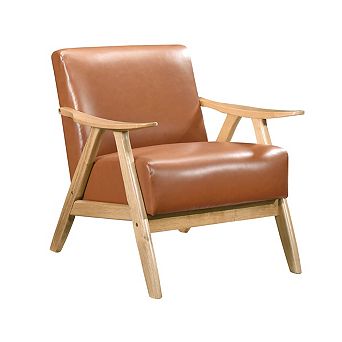 Indy Accent Club Armchair, Faux Leather, Natural Brown Solid Wood