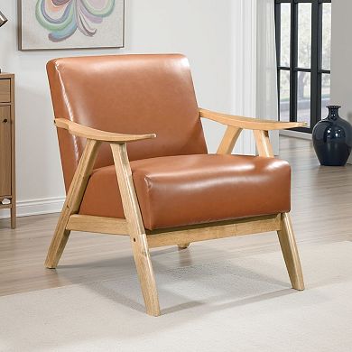 Indy Accent Club Armchair, Faux Leather, Natural Brown Solid Wood