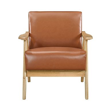 Indy Accent Club Armchair, Faux Leather, Natural Brown Solid Wood