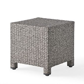 Perie Outdoor Accent Table, Gray Faux Rattan, Iron Frame, 18 Inch