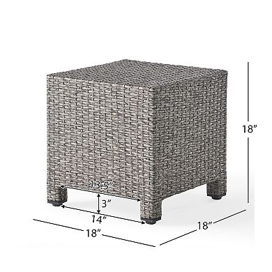 Perie Outdoor Accent Table, Gray Faux Rattan, Iron Frame, 18 Inch
