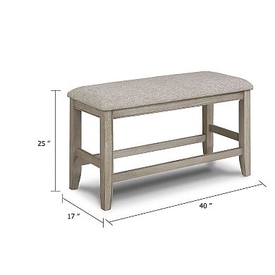 Filu Counter Height Dining Bench, 40 Inch White Oak Wood, Light Gray