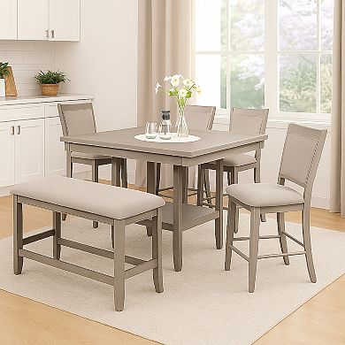 Filu Counter Height Dining Bench, 40 Inch White Oak Wood, Light Gray