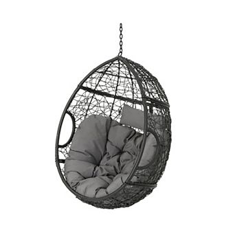 Keline Hanging Swing Lounge Chair, Gray Faux Rattan, Cushions, 49 Inch