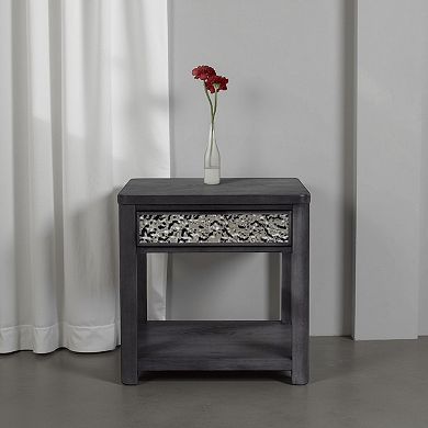 Zoko Side End Table, 1 Drawer, 1 Shelf, Ash Gray Rubberwood, 24 Inch