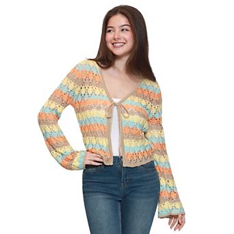 Juniors' madden girl Long Sleeve Tie Front Diamond Pointelle Stripe Sweater