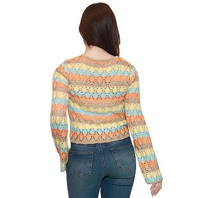 Juniors' madden girl Long Sleeve Tie Front Diamond Pointelle Stripe Sweater