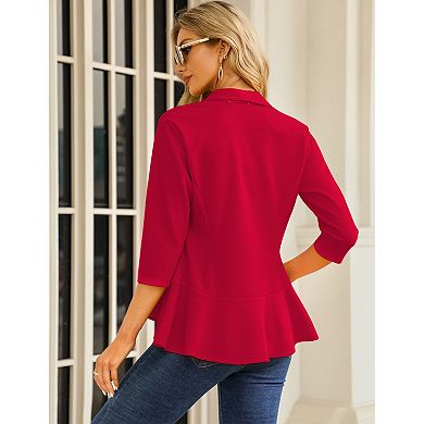 Women's Casual Blazer 3/4 Sleeve Open Front Ruffle Work Office Cardigan Suit Jacket