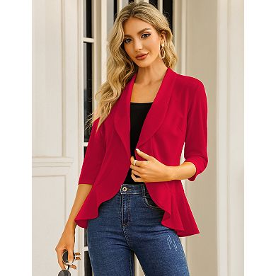 Women's Casual Blazer 3/4 Sleeve Open Front Ruffle Work Office Cardigan Suit Jacket