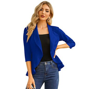 Women's Casual Blazer 3/4 Sleeve Open Front Ruffle Work Office Cardigan Suit Jacket