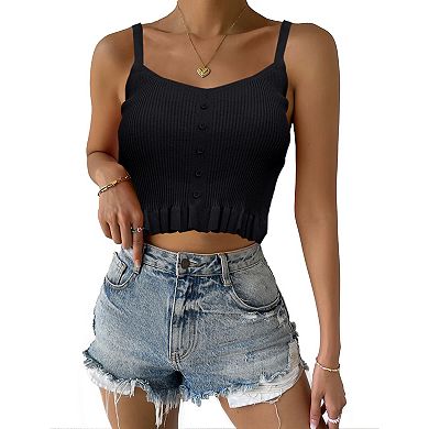 Womens Square Neck Button Knit Crop Tops Sleeveless Tank Cami Sweater Vest