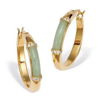 PalmBech Jewelry .18 TCW CZ Cabochon Cut Genuine Green Jade 18k Yellow Gold-plated Hoop Earrings