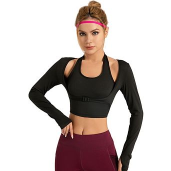 Women's Sports Bra Long Cropped Tee with Thumb Hole, Slim Fit Athletic Workout Top