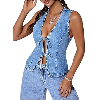 Women's Tie Bow Front Deep V Neck Denim Vest Sleeveless Jean Jacket