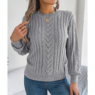Women's Fall Lantern Long Sleeve Hollow Out Sweater Shirt Casual Crew Neck Pullover Top Blouse