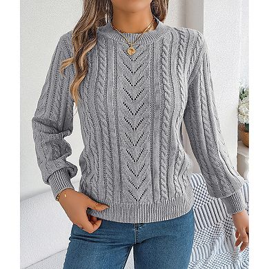 Women's Fall Lantern Long Sleeve Hollow Out Sweater Shirt Casual Crew Neck Pullover Top Blouse