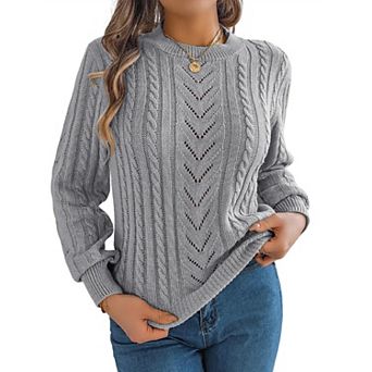 Women's Fall Lantern Long Sleeve Hollow Out Sweater Shirt Casual Crew Neck Pullover Top Blouse
