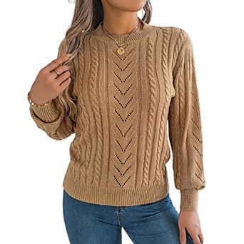 Women's Fall Lantern Long Sleeve Hollow Out Sweater Shirt Casual Crew Neck Pullover Top Blouse