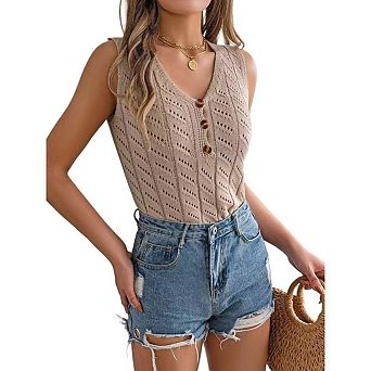 Womens Sweater Knit Tank Tops Spring Summer Casual V Neck Sleeveless Hollow Out Crochet Vest