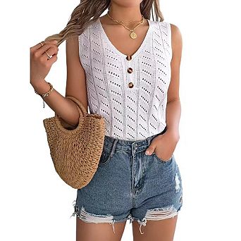 Womens Sweater Knit Tank Tops Spring Summer Casual V Neck Sleeveless Hollow Out Crochet Vest